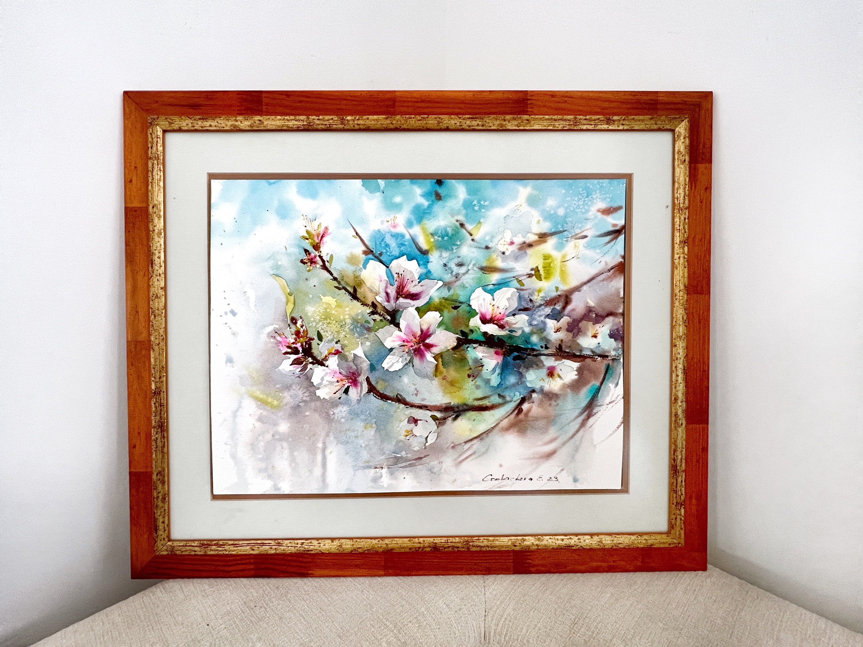 陽光さすアーモンドの木　水彩画　ホワイト額入り 陽光さすアーモンドの木 水彩画 ホワイト額入り 【公式通販】