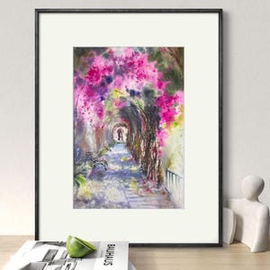 Pittura ad acquerello di Floral Arch - Scena di tunnel di bouganville