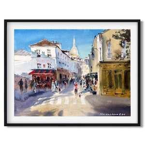 Scena di strada parigina Acquerello Acquerello originale - Montmartre & Le Consulat Cafe Art