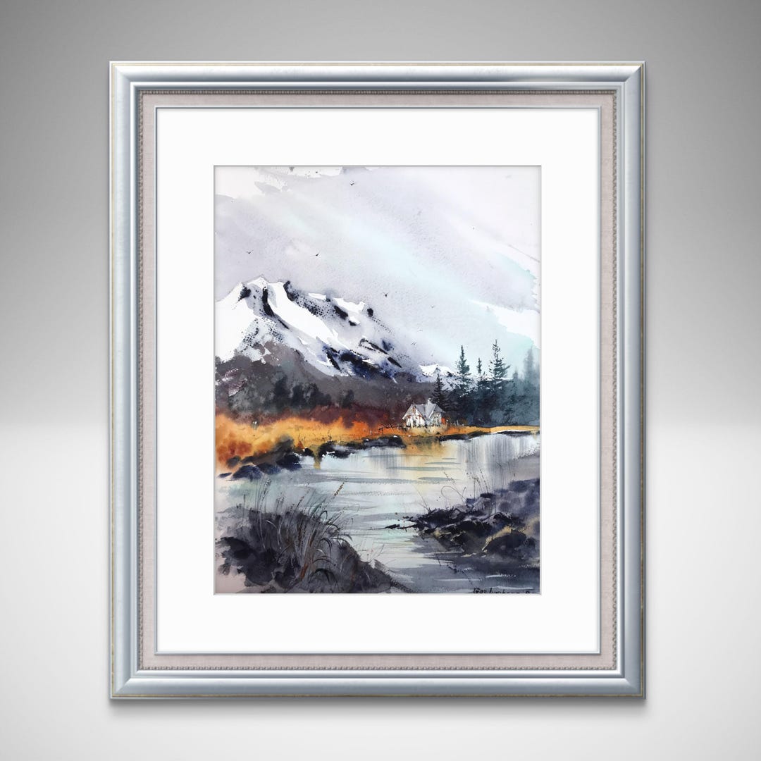 オリジナル水彩画「山の絵画：秋の川の風景画」（12 x 16インチ