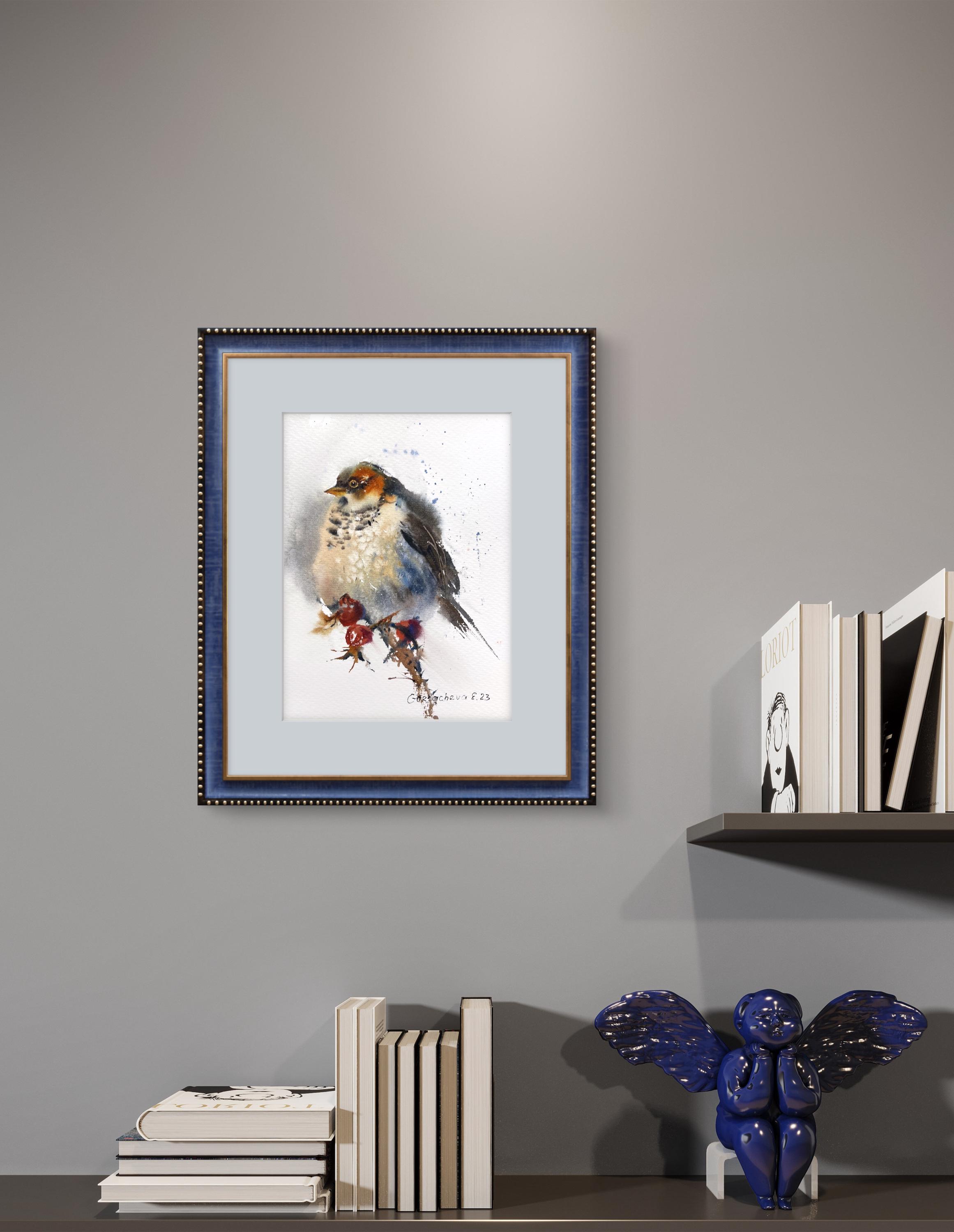 オリジナル水彩画「鳥の絵：灰色の鳥と赤いベリー」7x9インチ - Etsy 日本