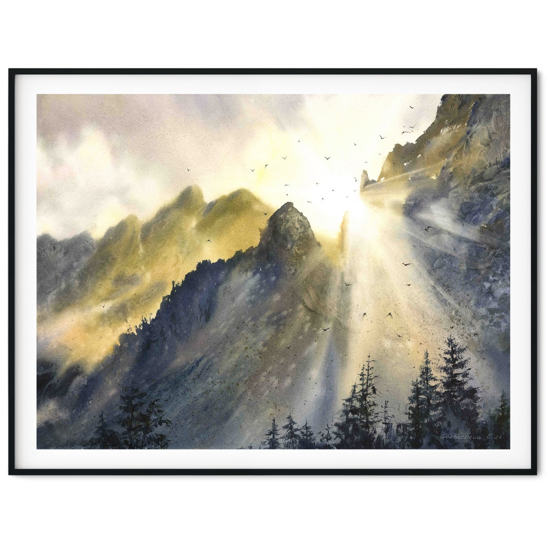 Watercolor Mountain Art Print: Sunny Landscape Wall Decor - Etsy