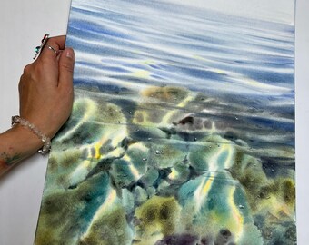 海底の石を描いた水彩画（オリジナル） - 海岸のアート装飾、手描きの