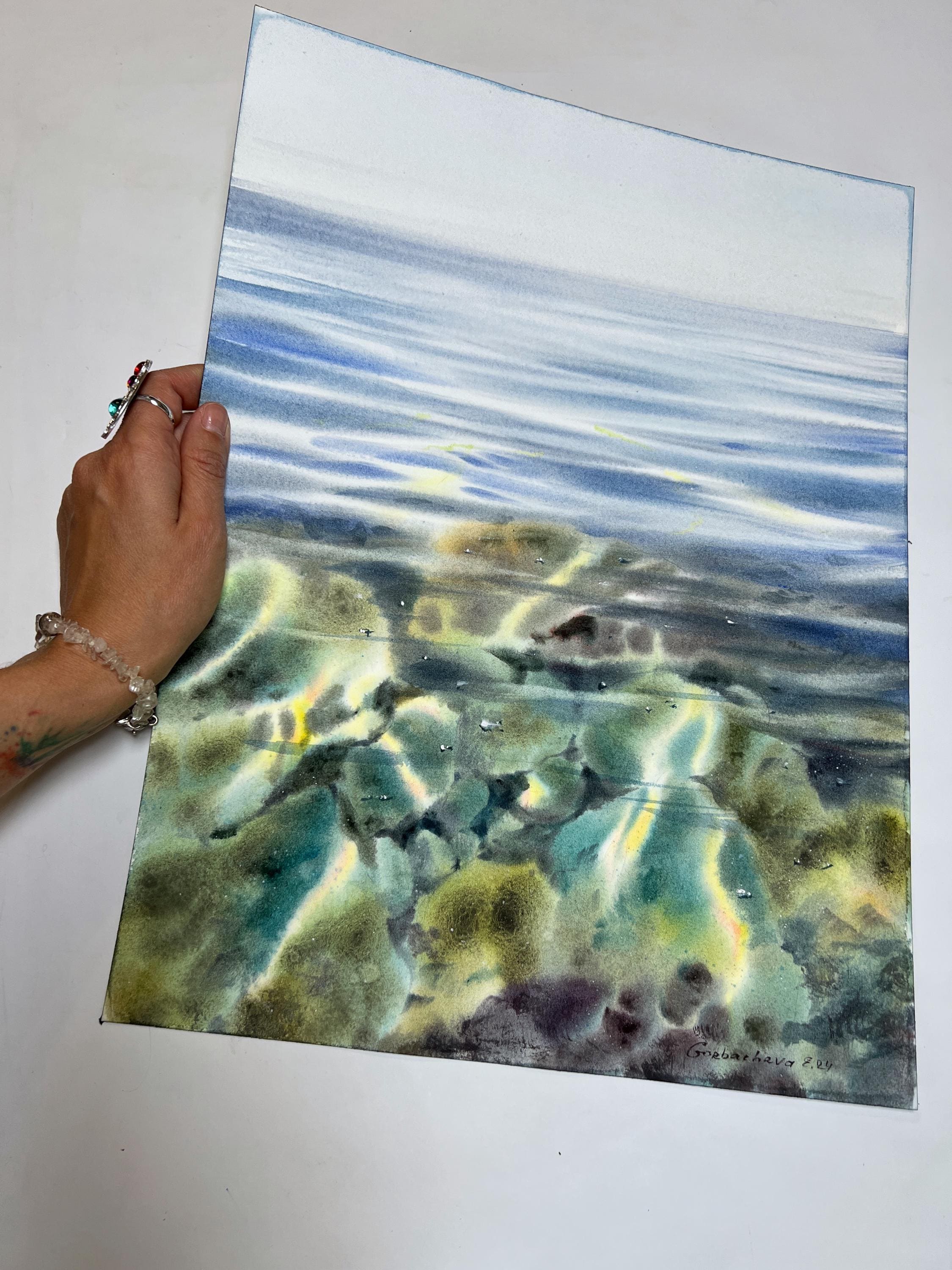 海底の石を描いた水彩画（オリジナル） - 海岸のアート装飾、手描きの