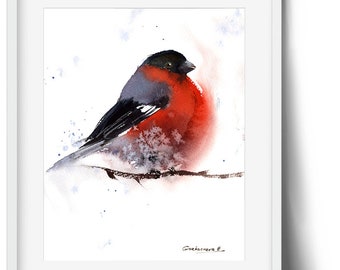 ウソの鳥の絵画、鳥のファインアートプリント、鳥の水彩画プリント、鳥