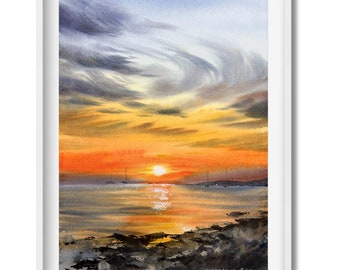 オレンジ色の夕日の沿岸ヨットの水彩画 | オリジナルアート 9 x 12