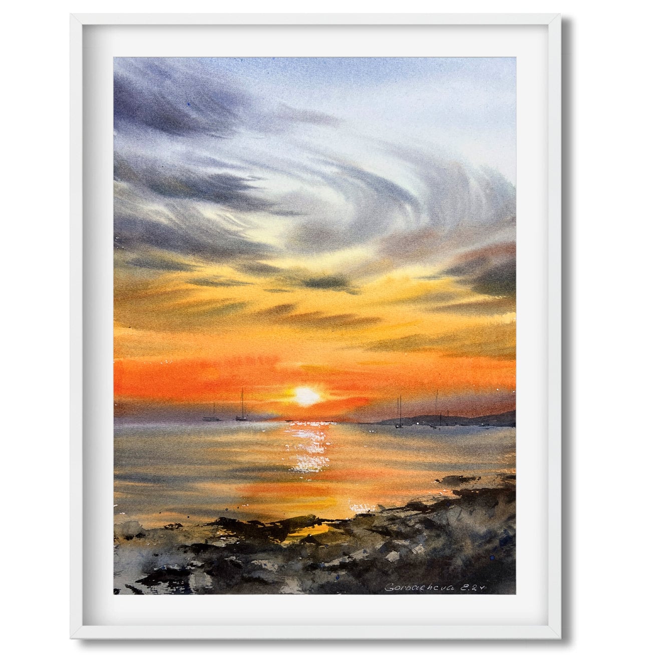 オレンジ色の夕日の沿岸ヨットの水彩画 | オリジナルアート 9 x 12