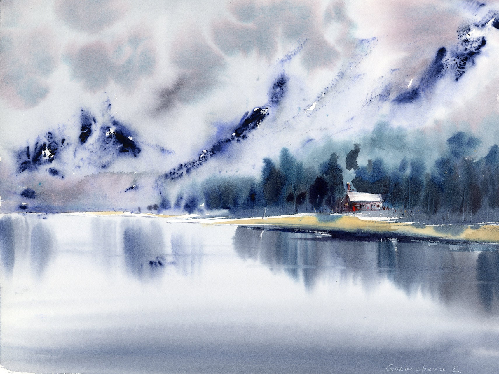 絵画 風景 （1） 静かな山の湖の抽象画 - 水彩キャンバスプリントで室内装飾に - Etsy 日本