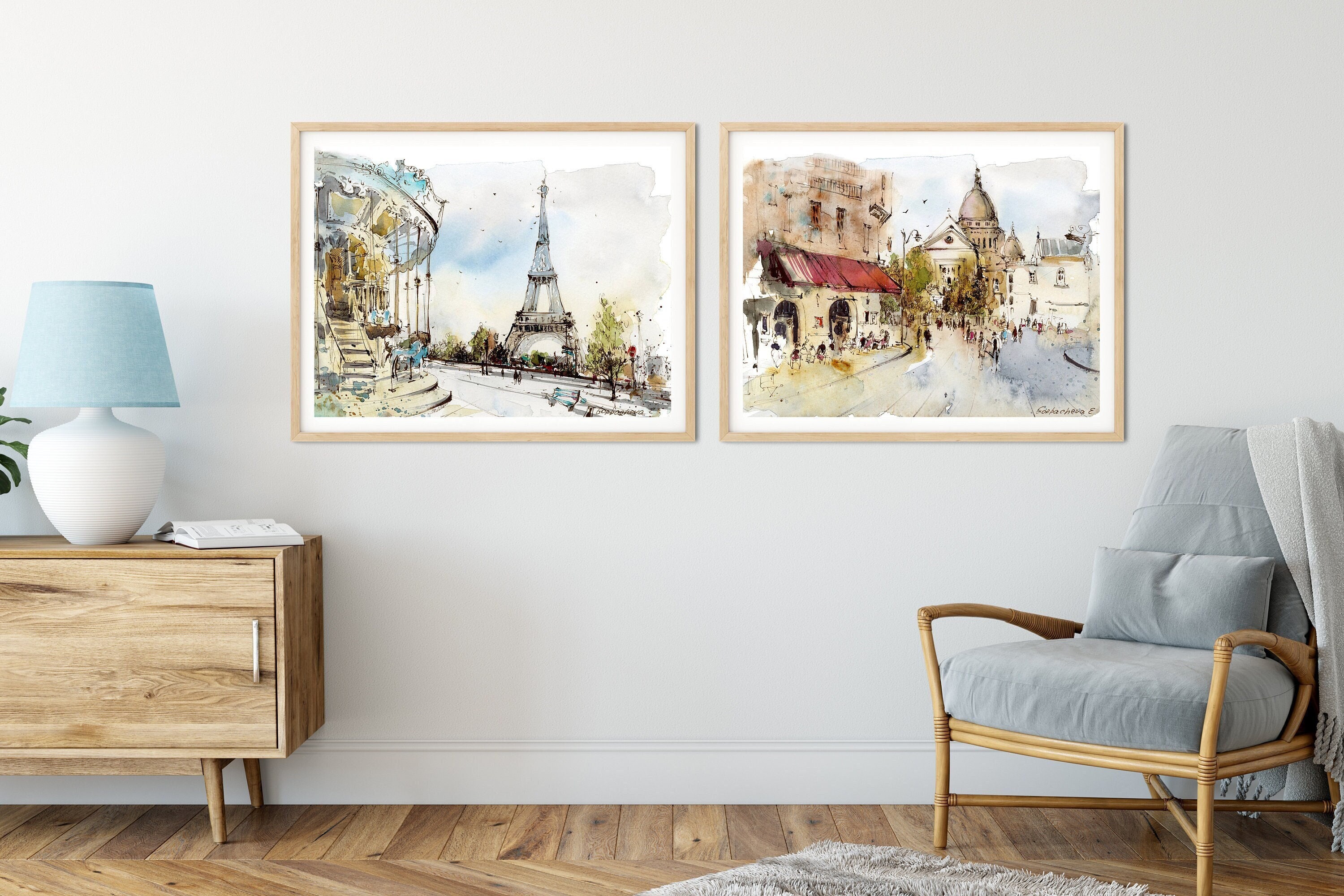 Elegant French Watercolor Art Prints - Paris Giclee Set of 2 Piece