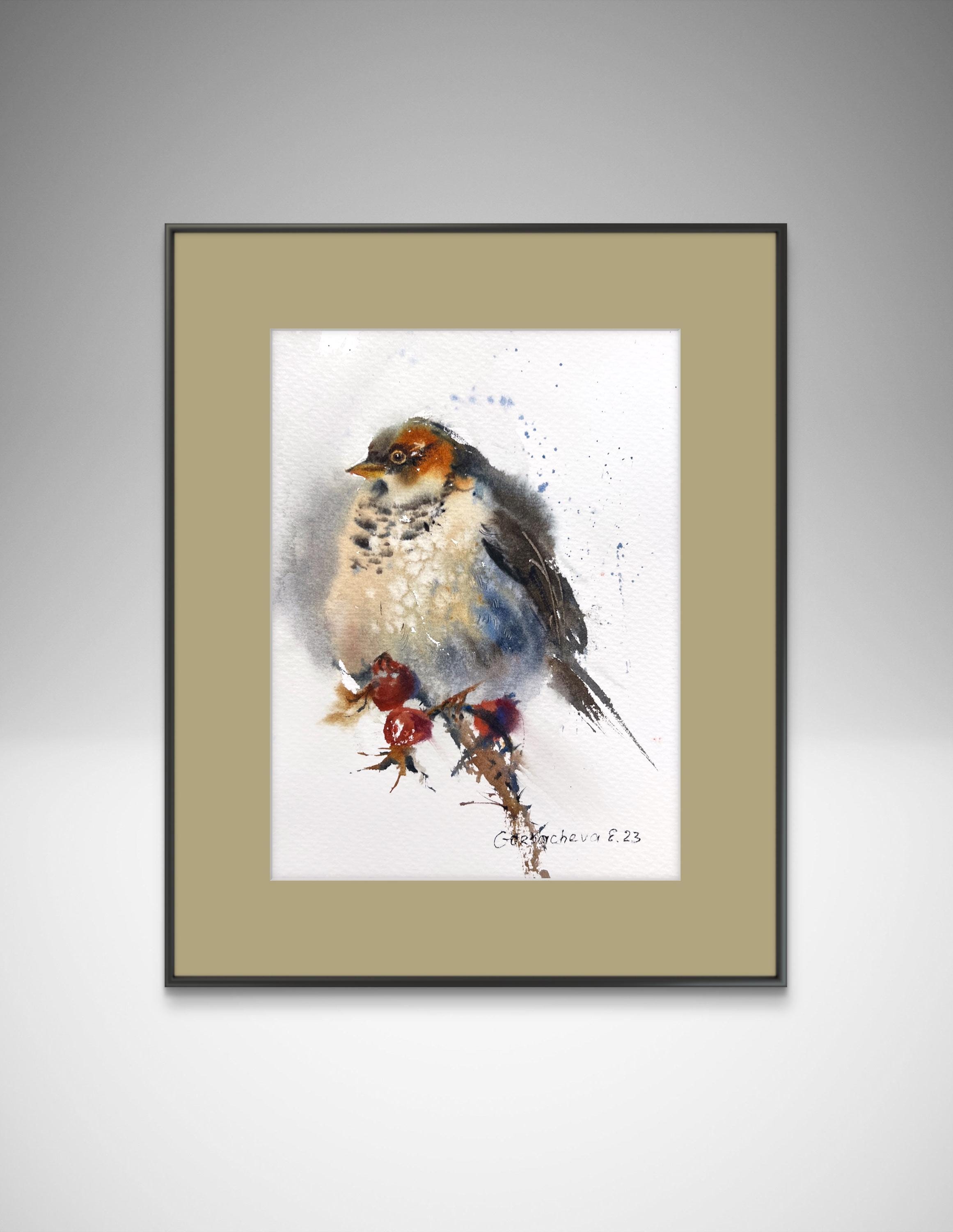 抽象的な鳥の水彩画 24✖️27 オリジナル水彩画「鳥の絵：灰色の鳥と赤いベリー」7x9インチ - Etsy 日本