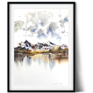 Herbst Bergsee Aquarell Malerei: Signiertes Original-Kunstwerk