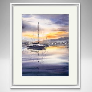 Dipinto blu con un tranquillo paesaggio di marina, opera d'arte originale con yacht e porto illuminati dal sole, ideale per l'arredamento della casa e come regalo di mare.