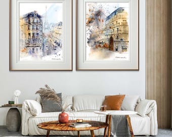 Charmantes Paris Aquarell Drucke 2er Set | Giclee Wandkunst | Eiffelturm & Pariser Straßen