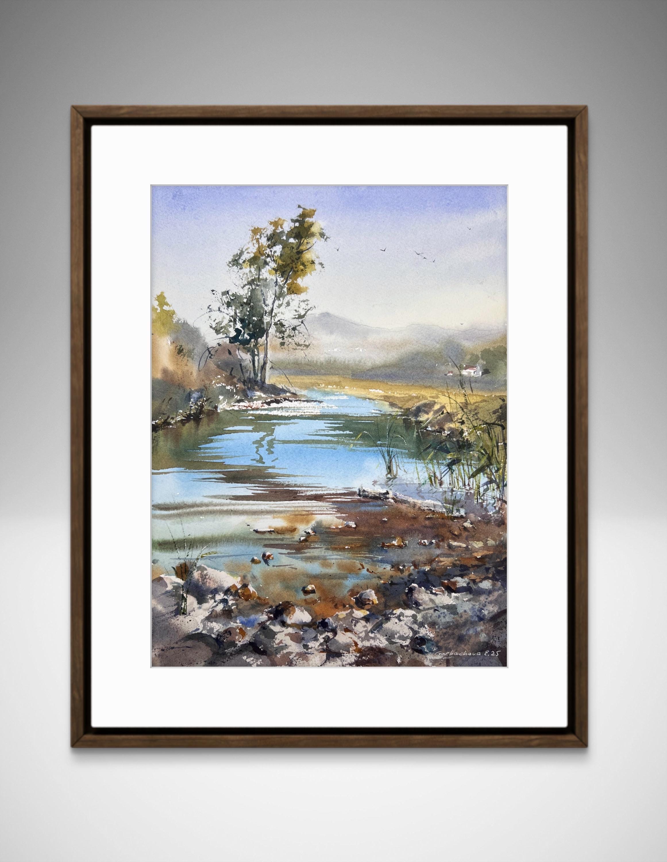 スペイン川のオリジナル水彩画｜秋の風景画（11 x 15インチ） - Etsy 日本