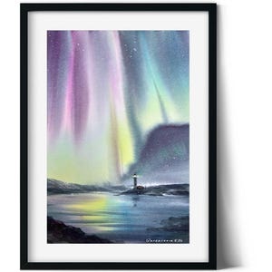 Aurora Borealis Painting Watercolor Original, Northern lights, Winter Unique Landscape, Wall Art, Christmas Gift