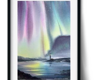 オリジナル水彩画「オーロラの絵画：灯台の冬の風景」8x12インチの