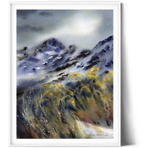 Modern Nordic Wall Art - Watercolor Landscape Poster, Scandinavian Mountain Print, Norway Decor