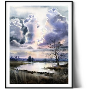 Moderne Landschaft Wandkunst, Abstrakte Wolken Kunstdruck, Aquarell Fluss, Landschaft Malerei, Lila Zeitgenössisch auf Leinwand