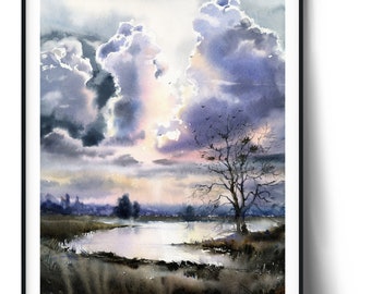 Watercolor Landscape Art Print: Abstract Clouds, River Scenery