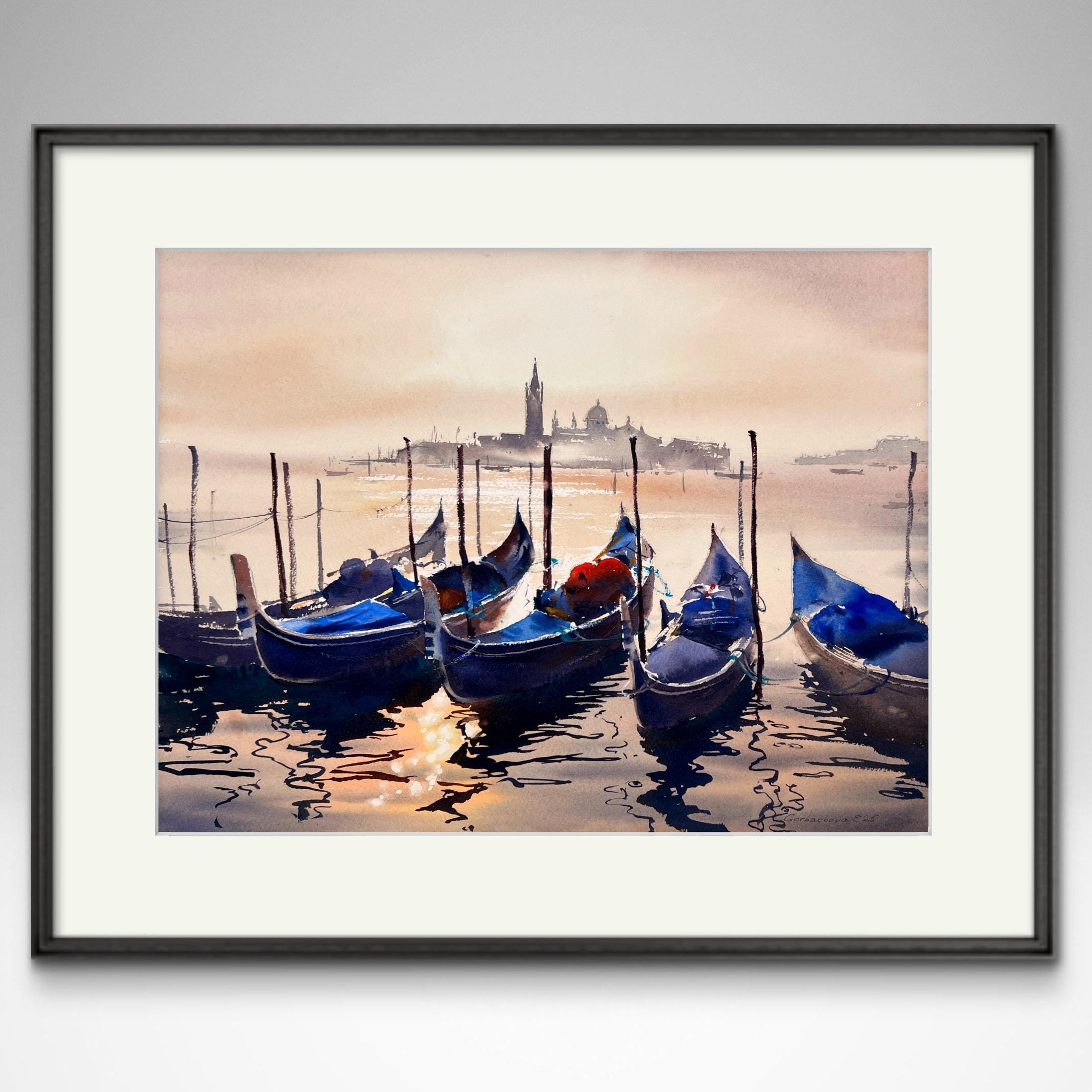 ヴェネツィアの水彩画：ゴンドラとスカイライン - イタリア印象派美術