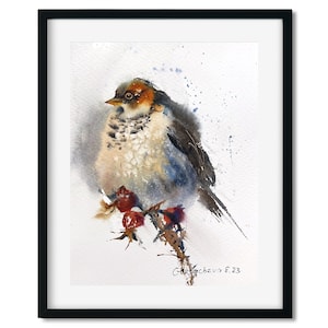Art original - aquarelle représentant un petit oiseau gris et des baies rouges - belle décoration murale - cadeau de Noël pour les amateurs de nature