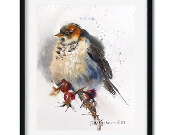 オリジナル水彩画「鳥の絵：灰色の鳥と赤いベリー」7x9インチ - Etsy 日本