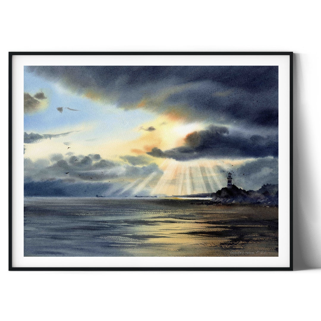 Nautical Lighthouse Watercolor Print for a Calm Living Room Decor - Etsy