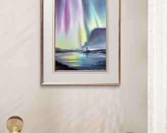 オリジナル水彩画「オーロラの絵画：灯台の冬の風景」8x12インチの