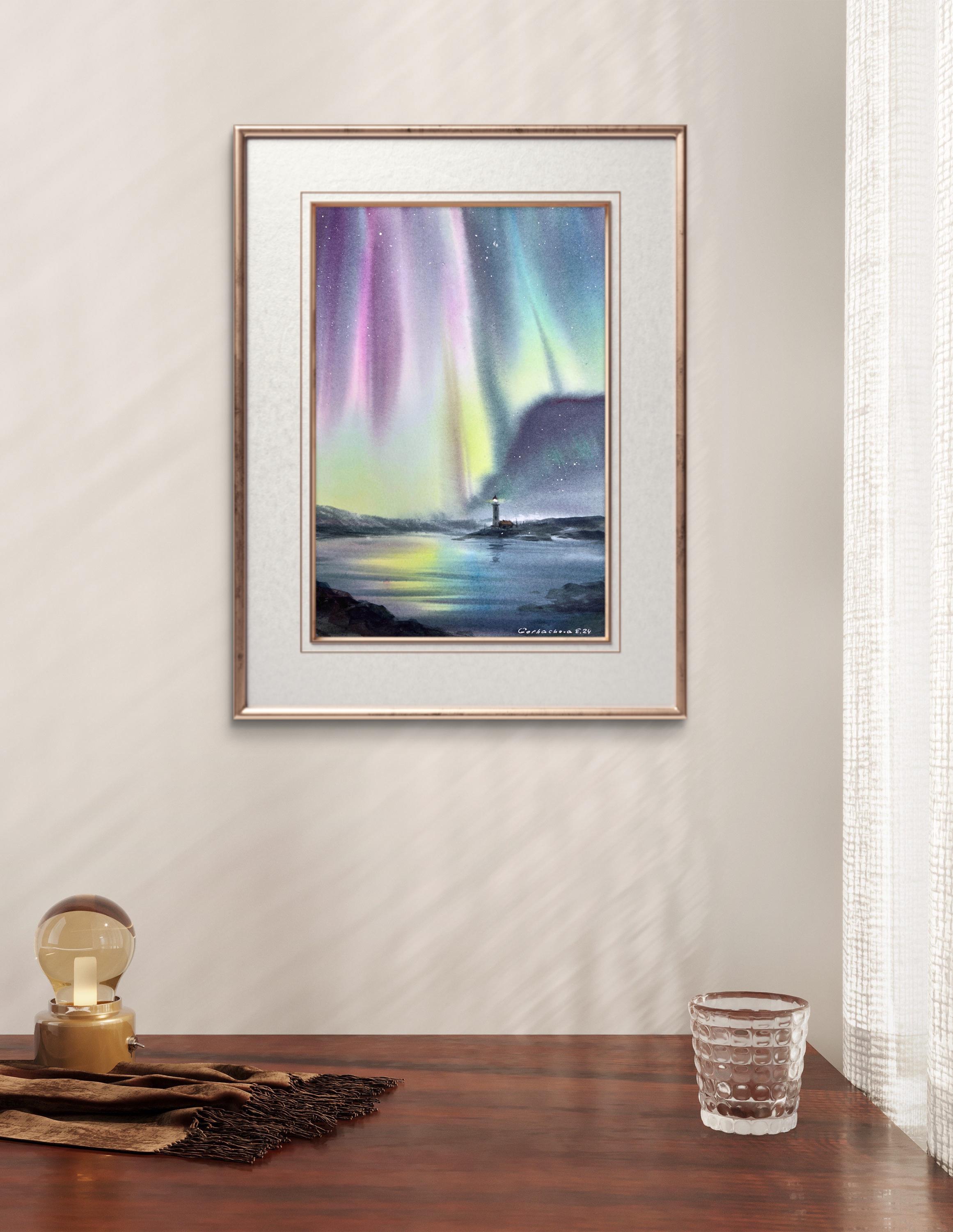 オリジナル水彩画「オーロラの絵画：灯台の冬の風景」8x12インチの
