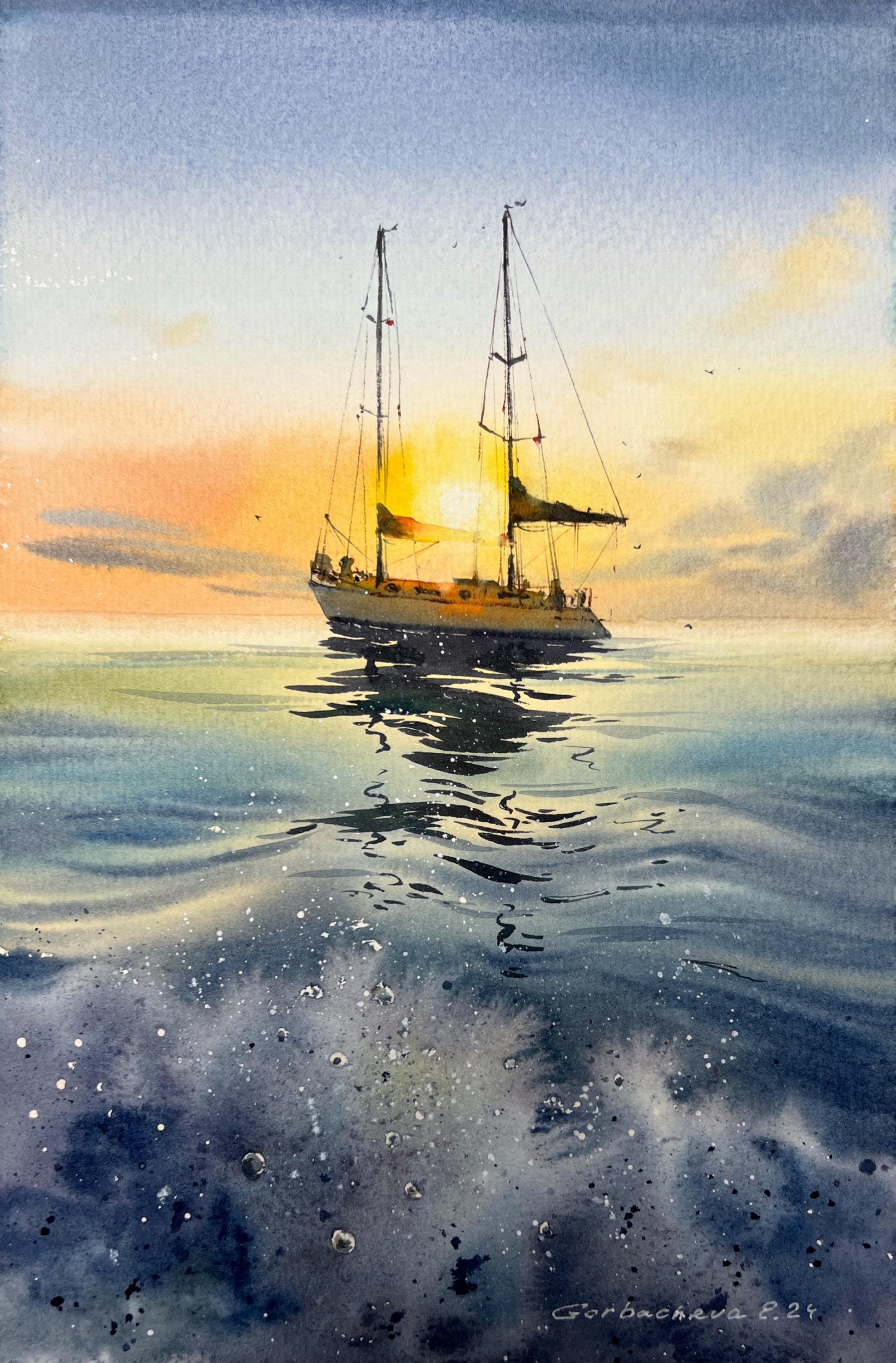 オリジナル水彩画「ヨットの夕焼け」 - 船乗りへの航海ギフト - Etsy 日本