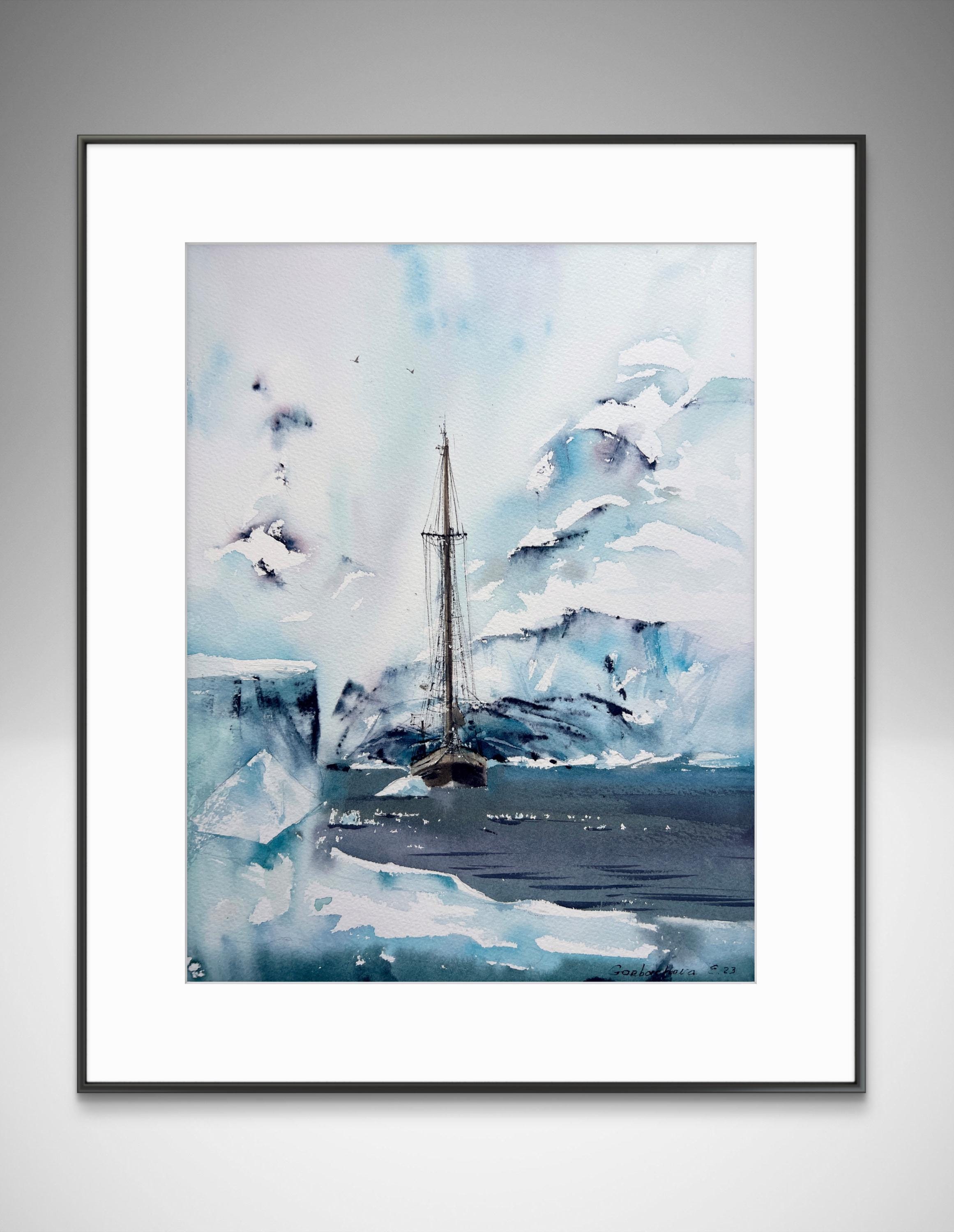 北極海の風景水彩画：グリーンランドの氷山アート（11 x 15インチ