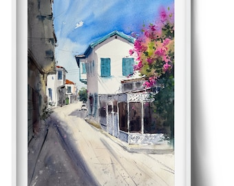 Cyprus Old Town Street: Mediterranean Watercolor Painting (16x12 in)
