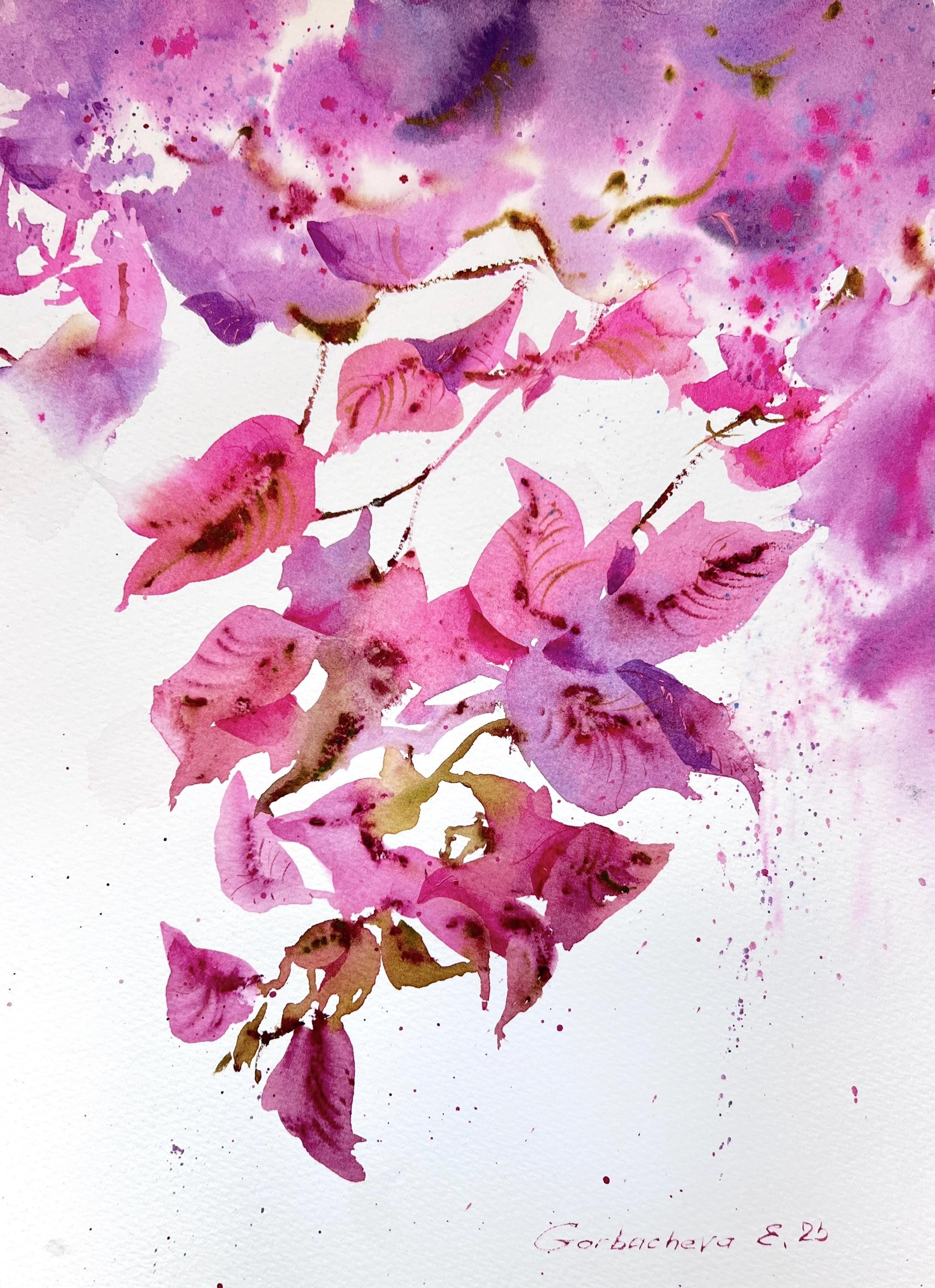 オリジナルブーゲンビリア水彩画：抽象的な花の芸術（9 x 12インチ
