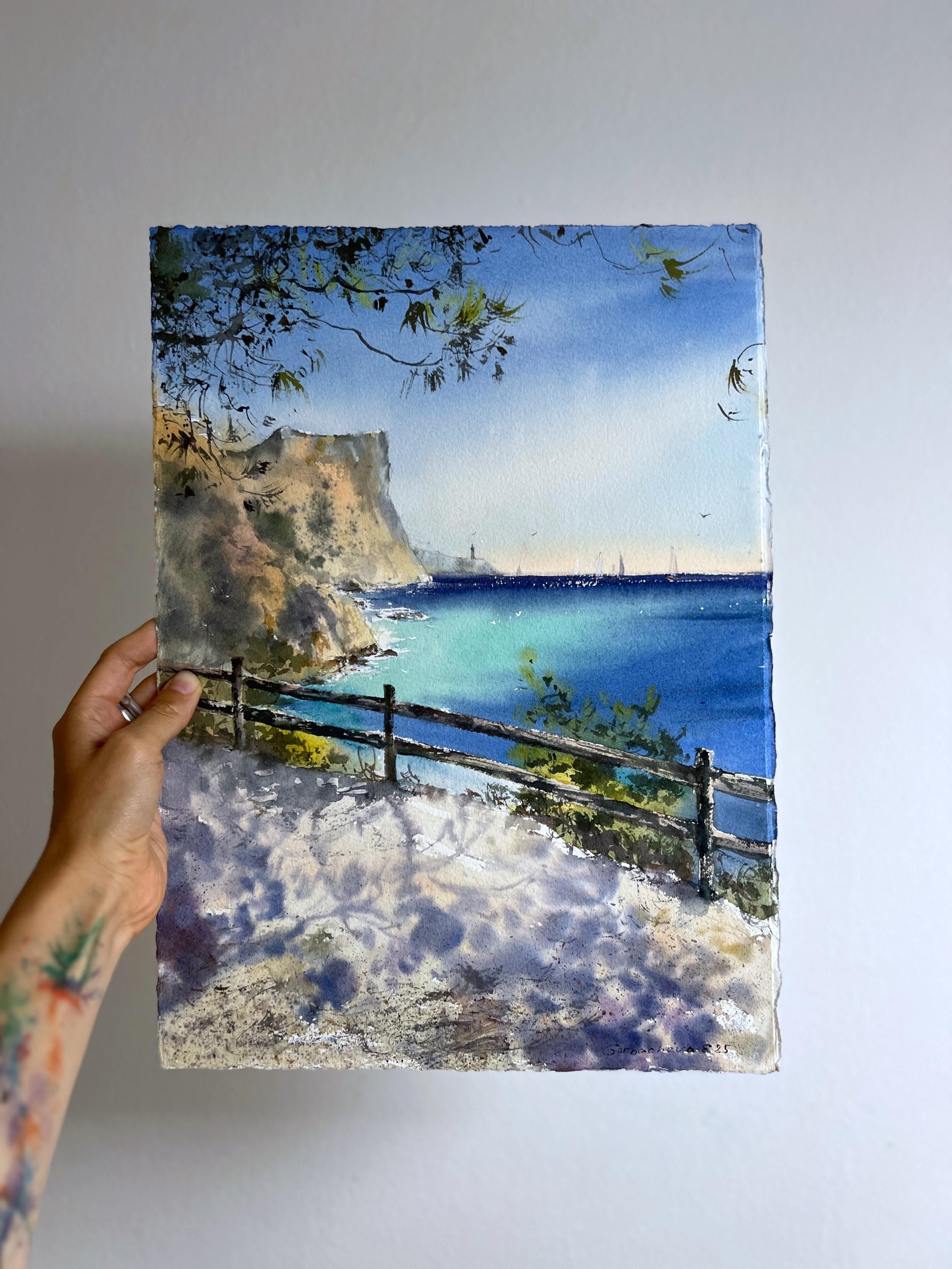 オリジナルの海景水彩画：海岸の壁飾り、ビーチの装飾 - Etsy 日本