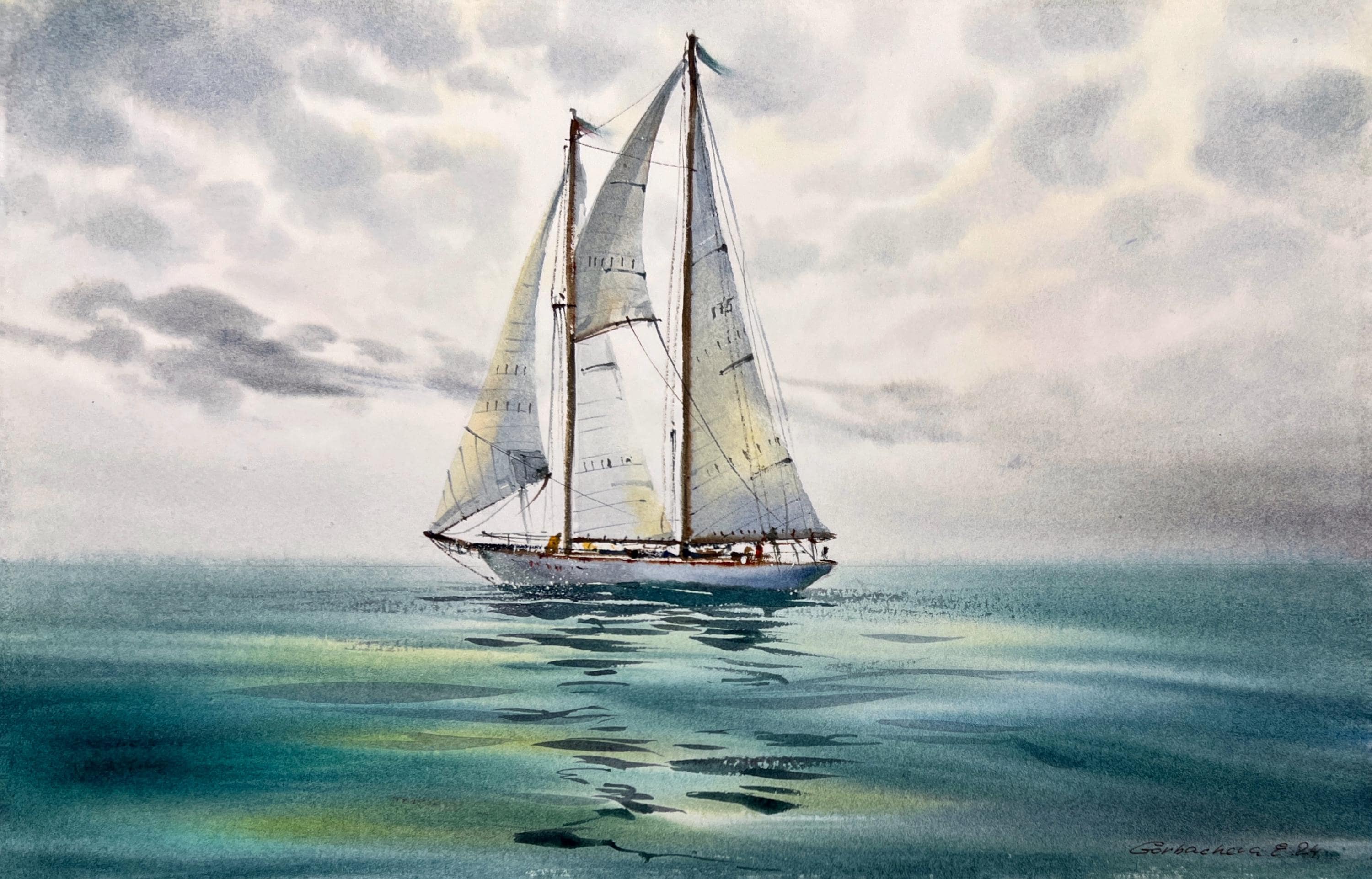 ヨットの水彩画：鮮やかな雲と海の風景、8x12インチの航海アート
