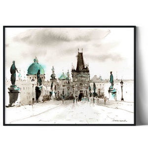 Prague Czech Print, Travel Europe Wall Art, Sketch Watercolor Painting, European Architecture Building, Gift