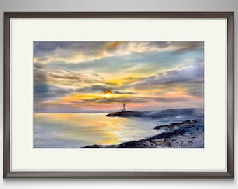 Original Watercolor Lighthouse Painting: Coastal Sunset Seascape Art