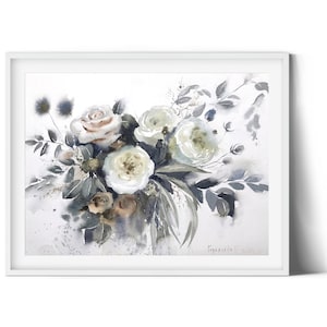 Dipinto di rose bianche, arte originale ad acquerello, cespuglio di rose, decorazione murale botanica, regalo di nozze, belle arti floreali, decorazione floreale