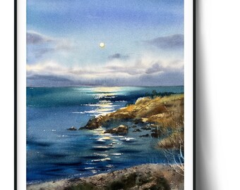 Coastal Full Moon Watercolor Painting: Seascape Wall Art (11x15 in)