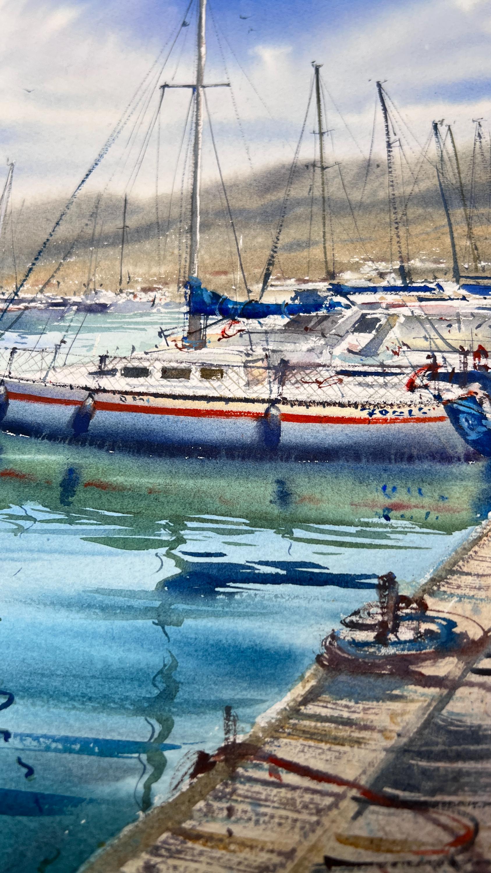 オリジナル水彩画「帆船」：マリーナ海景アート、12x16 - Etsy 日本