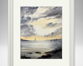 Pintura de velero en acuarela original, arte náutico para pared, obra de arte de navegación, paisaje marino, decoración de sala de estar con temática marina.