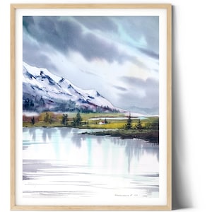 Dipinto originale Lake House, acquerello, paesaggio montano astratto, montagne verdi, arredamento d'arte moderna