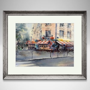 Cafe Paris Watercolor Art, dipinto originale, vista delle strade parigine, Francia, regalo unico