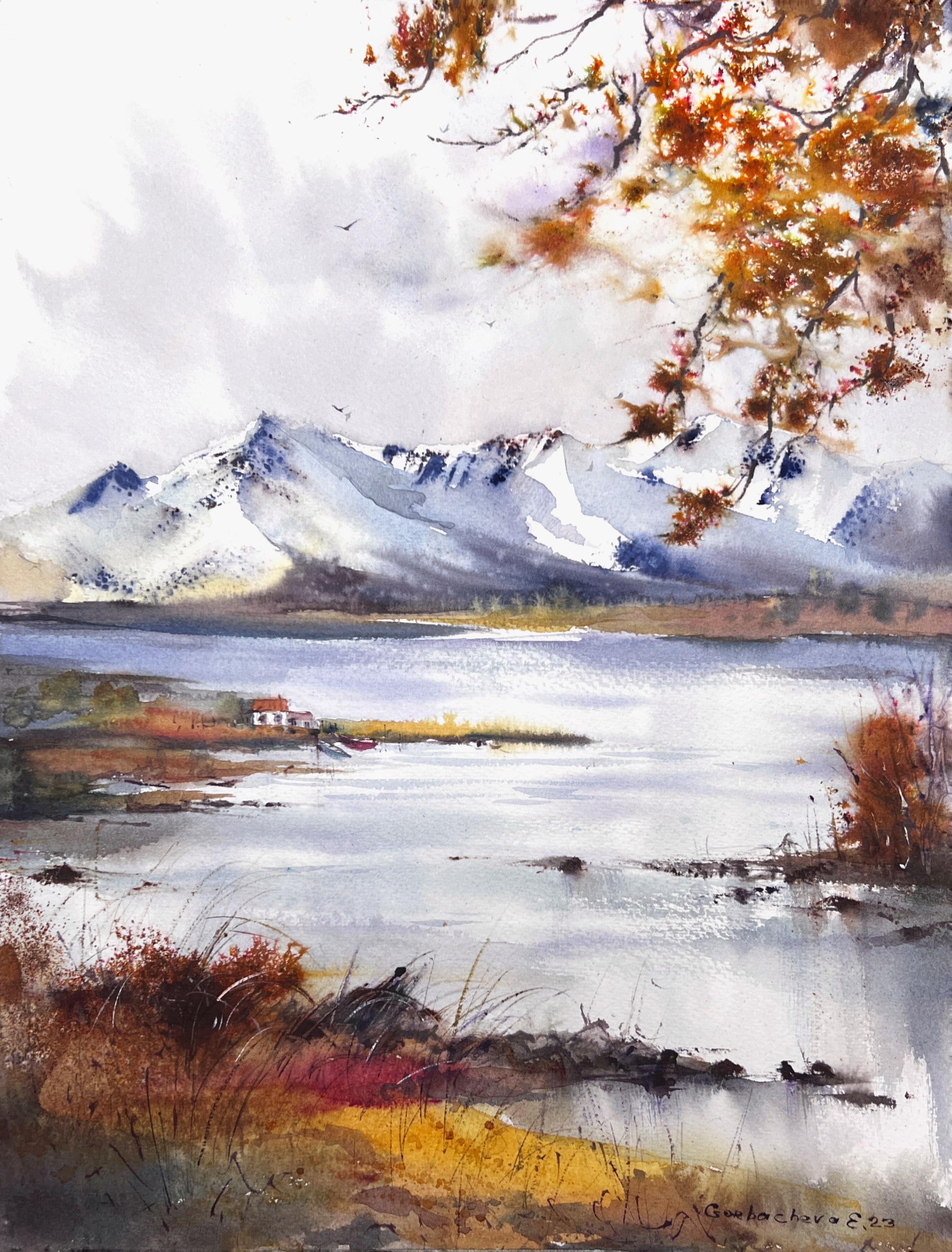 水彩画で描かれた山と湖：秋の風景画（12 x 16インチ） - Etsy 日本