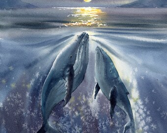月とザトウクジラのプリント - 水彩画、クジラの家族アート、自宅用