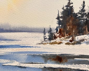 オリジナルウィンターレイク水彩画、日光に照らされた氷のアート 9x12