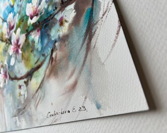オリジナル水彩画：咲き誇るアーモンドの木の植物画（12 x 16インチ