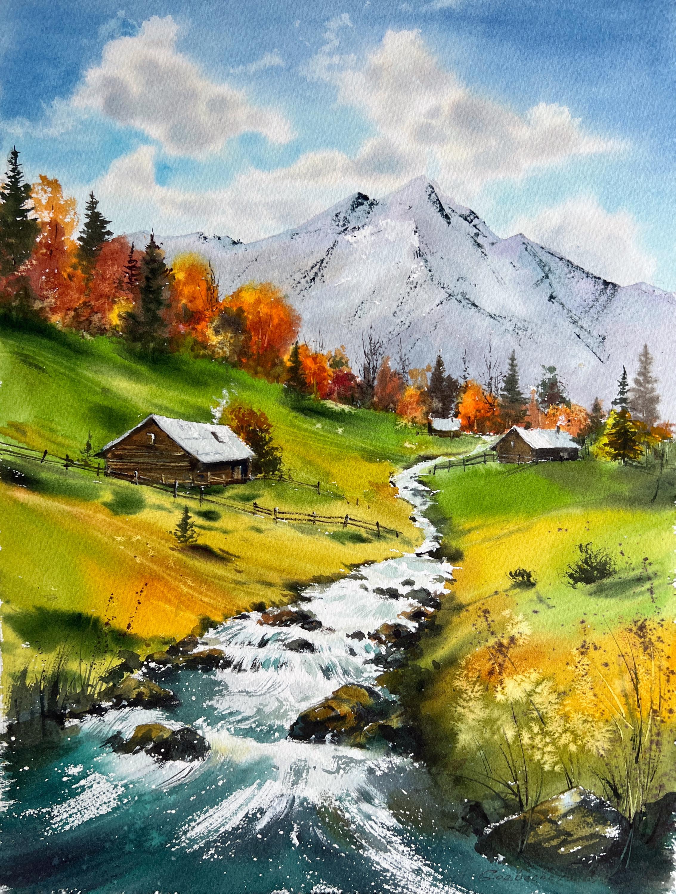 山川の風景水彩画 - オリジナルアート - 秋の森の風景 - Etsy 日本