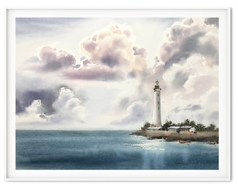 Lighthouse Watercolor Wall Art Print - Coastal Decor, Tropical Beach Wave Painting, Nautical Home Gift