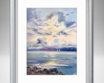 Original Coastal Watercolor Painting: Yacht Seascape Art (12x9 in)